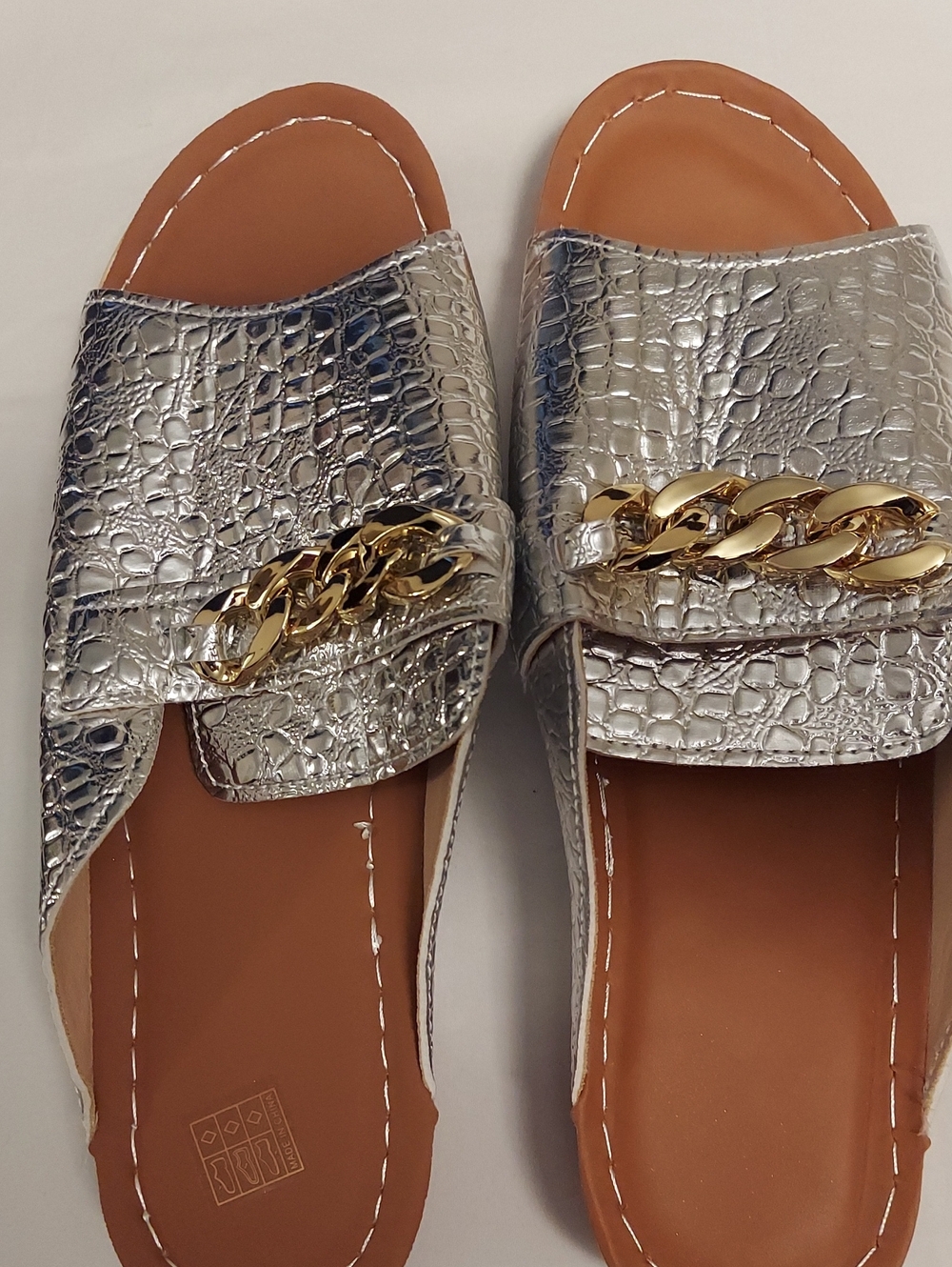 Women’s Silver Croc-Embossed Chain Slide Mules